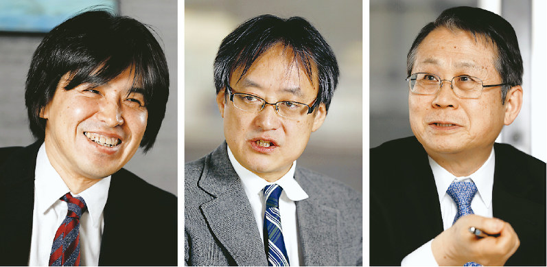 座談会で話す(右から)水野和夫さん、遠藤乾さん、森健さん=東京都千代田区で