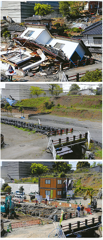 益城町住宅地の移り変わり。【上】地震直後(2016年4月)の倒壊家屋。1年後には【中】更地になり、2年後は【下】復興に向けての工事が進んでいる=熊本県益城町で、兵藤公治、津村豊和撮影