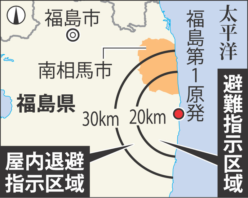南相馬市と避難指示区域、屋内退避指示区域