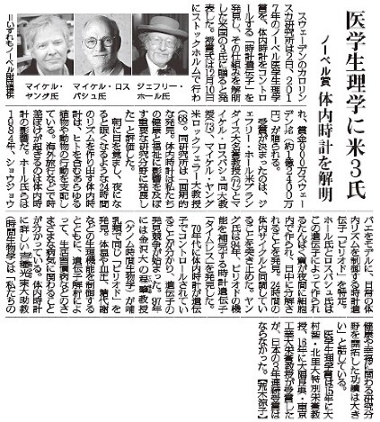 2017年のノーベル医学生理学賞について報じた記事=毎日新聞2017年10月3日朝刊より