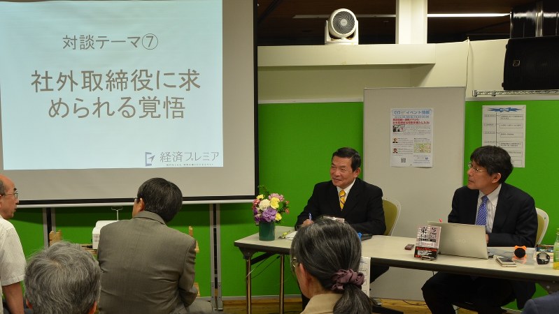 「東芝問題~社外取締役は役割を果たしたか」ゲストの中島茂弁護士(左)と今沢真・経済プレミア編集長