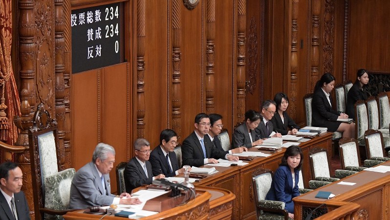 「政治分野における男女共同参画推進法」を全会一致で可決した参院本会議。右下は野田聖子・女性活躍担当相=2018年5月16日、川田雅浩撮影