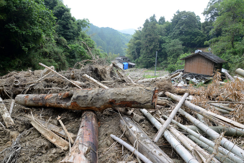 家屋近くに今なお残る大量の流木=福岡県朝倉市杷木松末で2018年5月31日、山下俊輔撮影