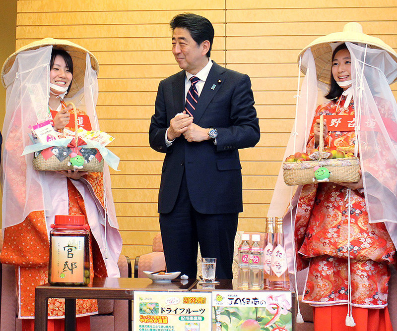 安倍首相に南高梅や梅干しを届けた紀州梅の会の梅娘=首相官邸で、紀州梅の会提供