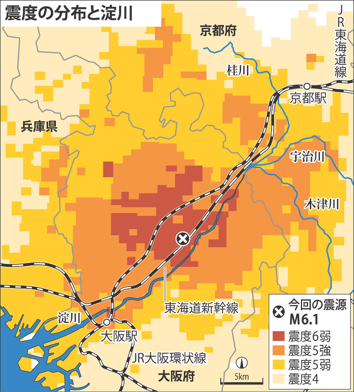 震度の分布と淀川