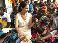 Actress Ashley Judd meets refugees in Juba, South Sudan, on June 28, 2018. (AP Photo/Sam Mednick)