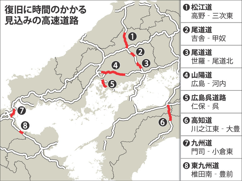 復旧に時間のかかる見込みの高速道路