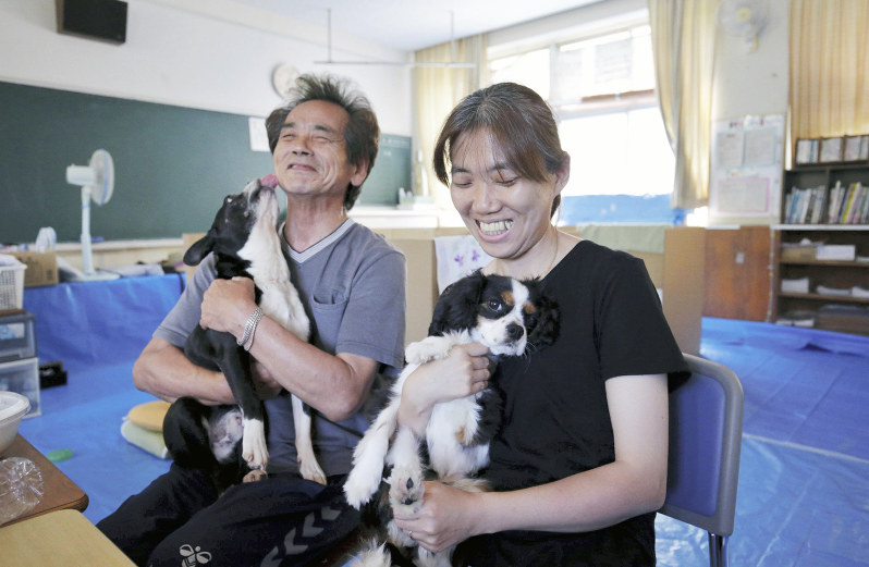 ペットを連れた避難者向けのスペースで愛犬と過ごす藤原明美さん(右)と柴田重利さん=岡山県倉敷市真備町地区で2018年7月20日、幾島健太郎撮影