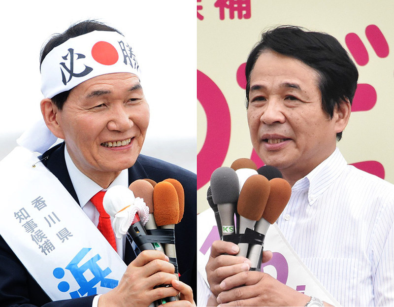 香川県知事選が告示され第一声を上げる立候補者。右から届け出順に姫田英二氏、浜田恵造氏=ともに高松市内で