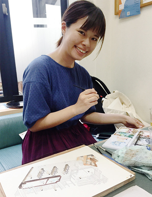 緻密ながら温かみのある「銭湯図解」を描く塩谷歩波さん=大阪府池田市石橋で、前本麻有撮影
