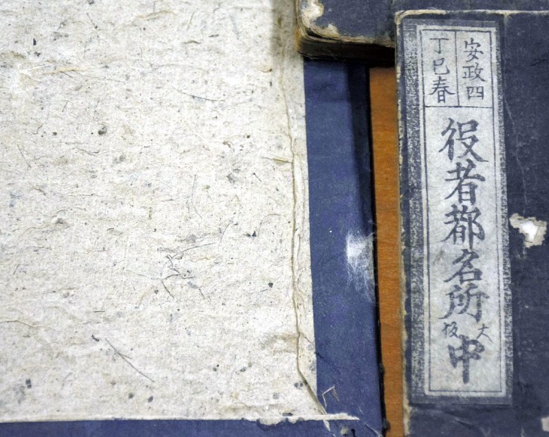 江戸時代の和本の表紙。短い毛髪が混じっている様子が分かる=大津市の龍谷大瀬田キャンパスで2018年8月15日午後3時34分、南陽子撮影
