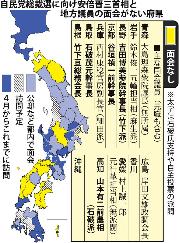 自民党総裁選に向け安倍晋三首相と地方議員の面会がない府県