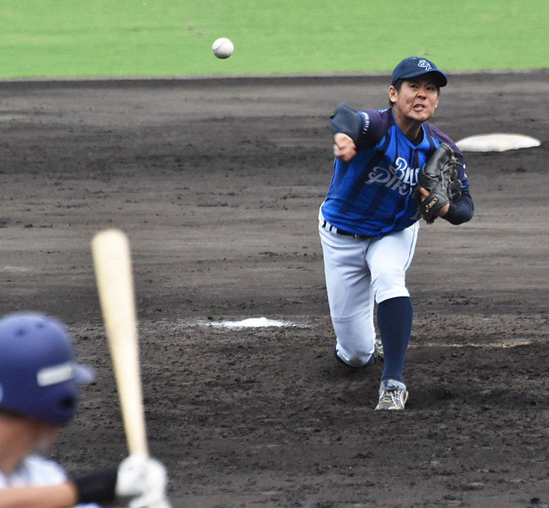 【ツネイシブルーパイレーツ-伯和ビクトリーズ】完封したツネイシブルーパイレーツの谷本=岡山県倉敷市のマスカットスタジアムで、戸田紗友莉撮影