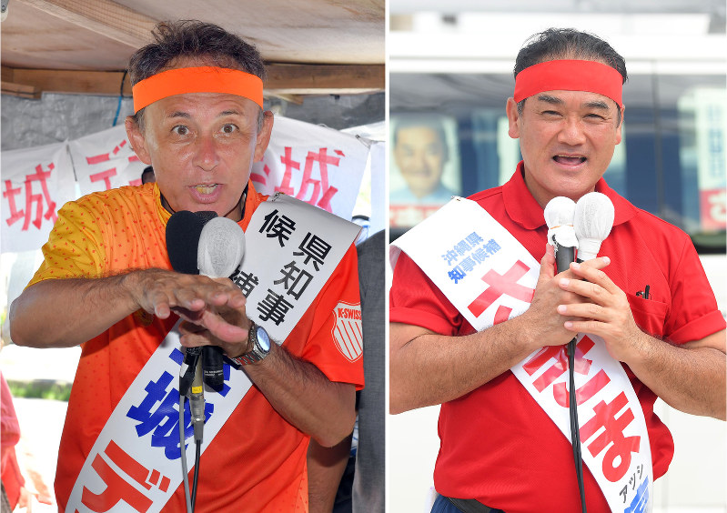 【右】集会で支援を呼びかける佐喜真淳氏=沖縄県名護市で2018年9月13日午後3時14分、津村豊和撮影【左】辺野古の米軍基地ゲート前で、支持を訴える玉城デニー氏=沖縄県名護市で2018年9月13日午後2時半、森園道子撮影