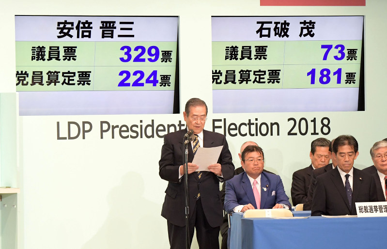 自民党総裁選の投開票が終了し、安倍晋三首相、石破茂元幹事長の議員票、党員票の得票数を示すモニター=党本部で2018年9月20日、川田雅浩撮影