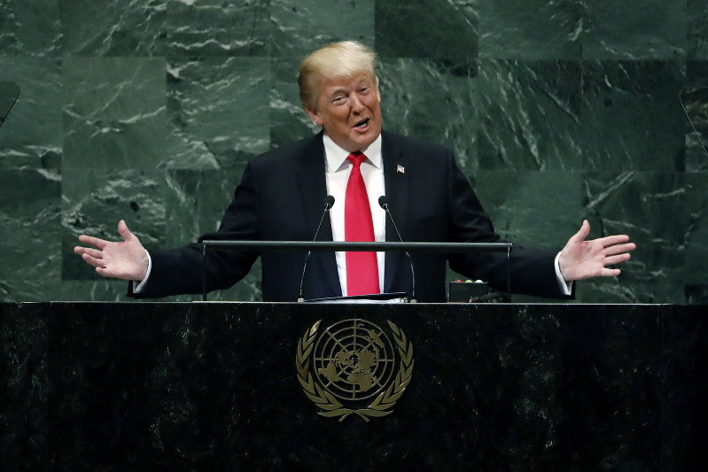 国連総会で演説するトランプ米大統領=ニューヨークの国連本部で2018年9月25日、AP