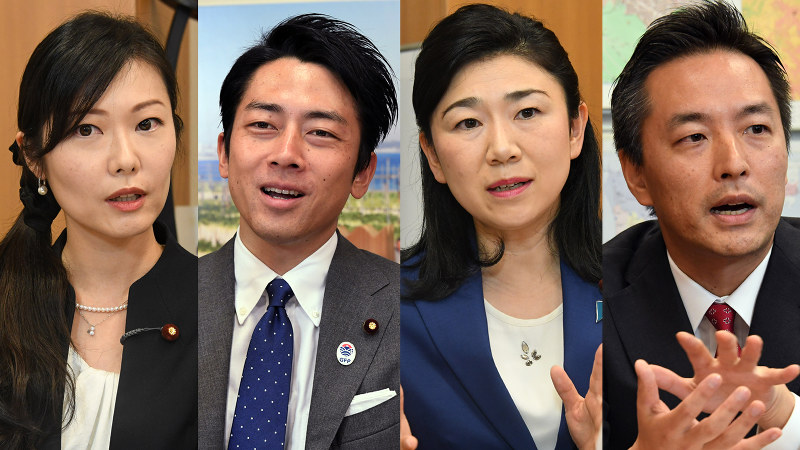 (左から)加藤鮎子議員、小泉進次郎議員、牧島かれん議員、村井英樹議員=根岸基弘撮影