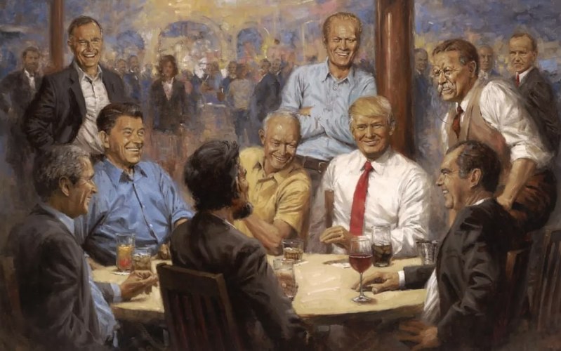 トランプ氏と歴代共和党大統領らの姿を描いた絵=作者のアンディ・トーマス氏のウェブサイトから
