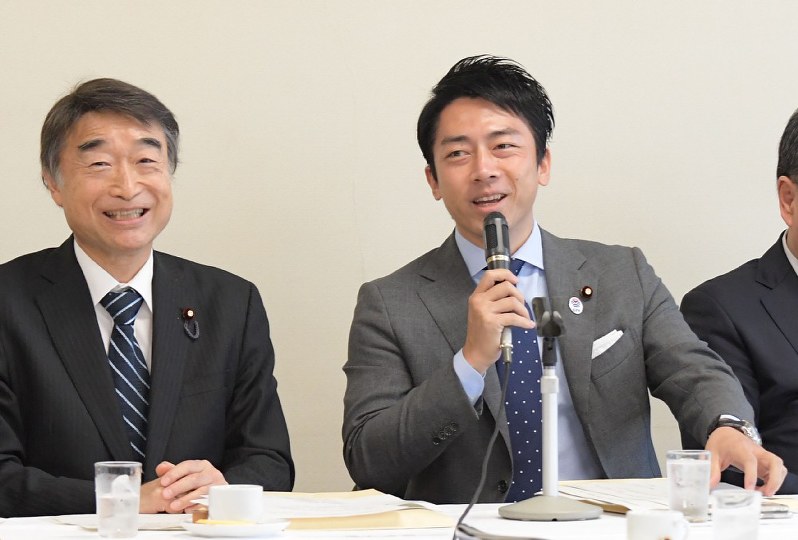 自民党の厚生労働部会・雇用問題調査会合同会議で発言する小泉進次郎厚生労働部会長(右)。左は根本匠厚生労働相=党本部で2018年10月22日午後2時半、川田雅浩撮影