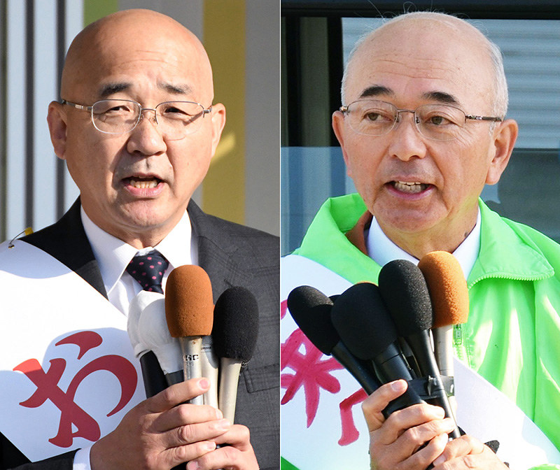 兵庫・篠山市長選が告示され、第一声を上げる(右から届け出順に)酒井隆明氏、奥土居帥心氏