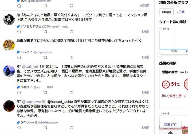 Yahoo!のリアルタイム検索。地震の情報が続々投稿さえれていく