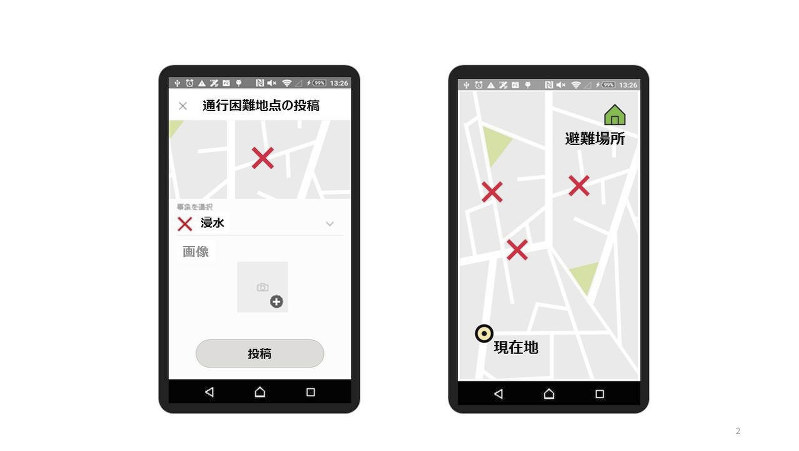 アプリのイメージ図。地図上で通行困難地点(×印)を把握し、的確な避難経路を探すことができる=富士通提供