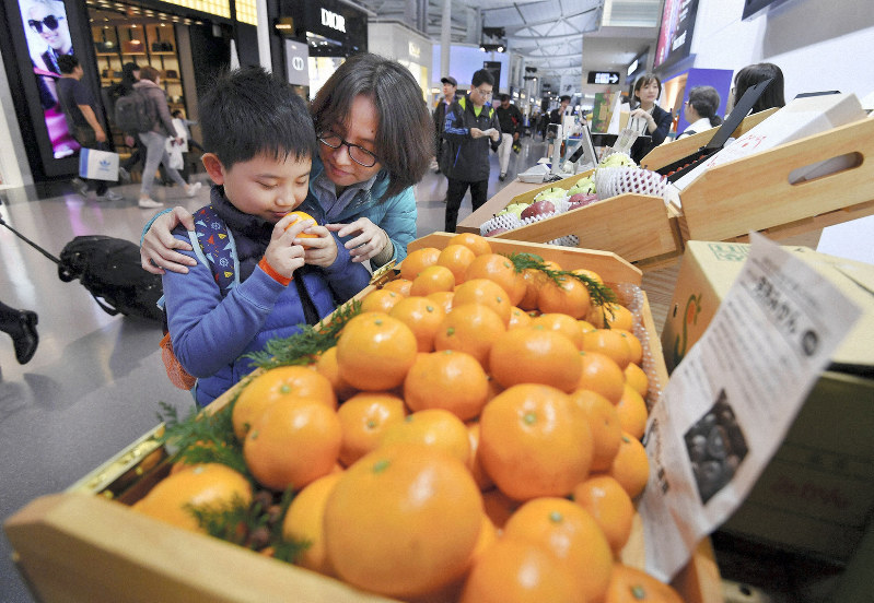 出国エリアにオープンした「ジェイズアグリマーケット」で日本産の果物を手に取る外国人観光客=関西国際空港で2018年12月3日午前10時4分、猪飼健史撮影