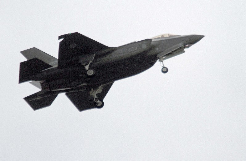 自衛隊観閲式に参加した航空自衛隊の最新鋭ステルス戦闘機F35A=陸上自衛隊朝霞訓練場で2018年10月14日、橋本政明撮影