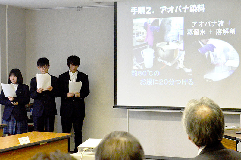 草津市の市花のアオバナを使った研究成果を発表する湖南農の生徒=草津市草津3の草津市役所で、礒野健一撮影