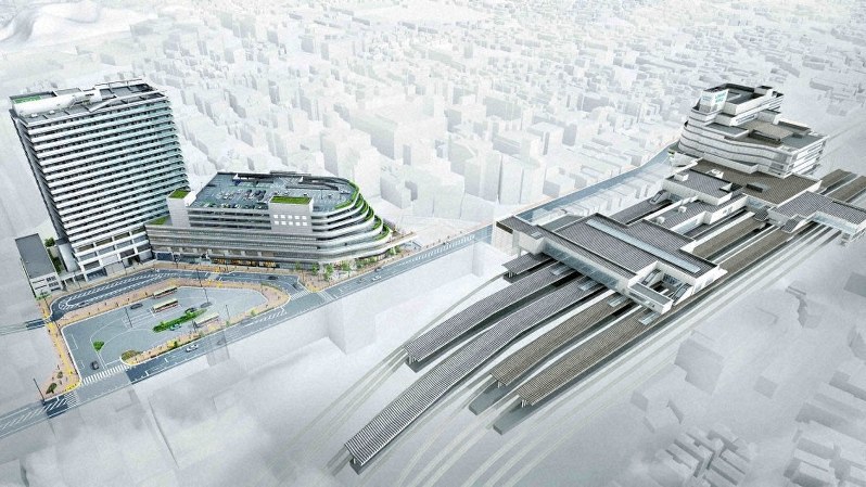 再開発事業完成予想図。左から「 ブランズタワー大船」、大規模商業施設、大船駅