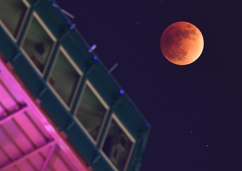 皆既月食となり赤銅色になった月。手前はさっぽろテレビ塔＝札幌市中央区で２０１８年１月３１日午後１０時１３分、竹内幹撮影