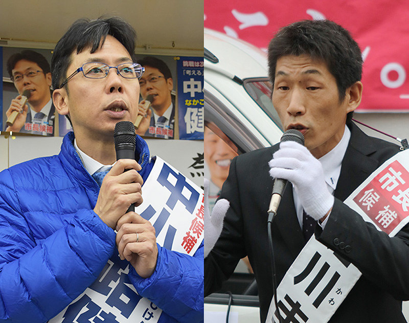 京都・長岡京市長選が告示され、第一声を上げる(右から届け出順に)堀川圭太氏、中小路健吾氏
