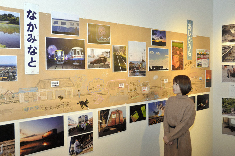 沿線の風景写真がイラストと共に展示されている「ひたちなか海浜鉄道展」=取手市藤代で2018年12月17日13時09分、安味伸一撮影