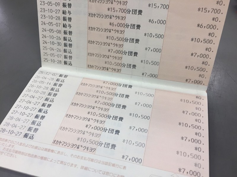 消防団の活動をしなくなった後も、岡山市から報酬が振り込まれた男性の口座。入金の度、分団の口座に振り替えられていた=岡山市北区で2018年12月1日、高橋祐貴撮影