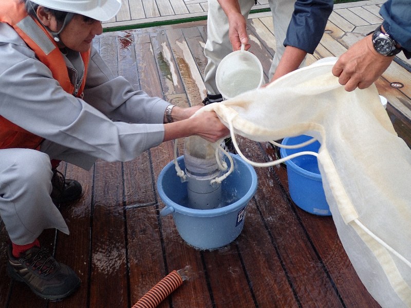 太平洋上を航行する船上からマイクロプラスチックを網で採取した=磯辺篤彦・九州大教授提供