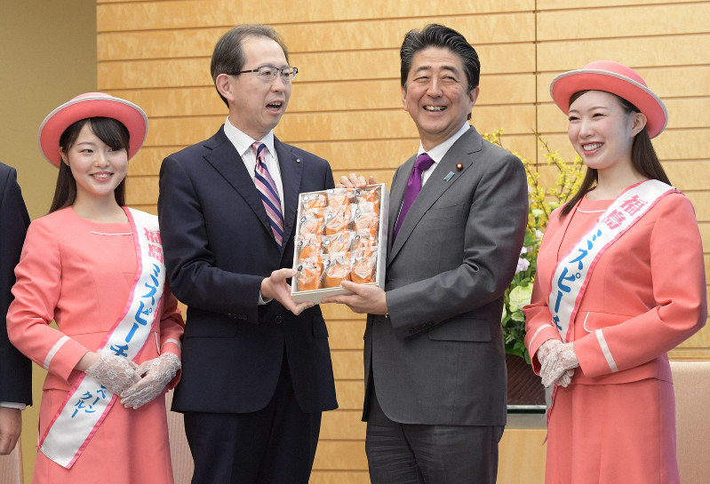 福島県の内堀雅雄知事(中央左)から特産の「あんぽ柿」を贈られる安倍晋三首相(同右)=首相官邸で2019年1月31日午前11時57分、川田雅浩撮影
