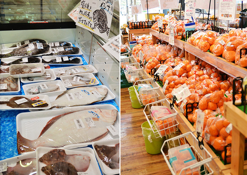 (左)ヒラメやイカなど地元の漁港で水揚げされた鮮魚、(右)試食で選べるミカン=大阪府岬町淡輪の道の駅「みさき」の「産直市場よってって」で、前本麻有撮影