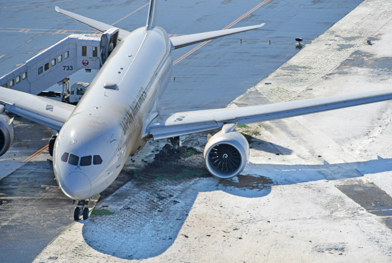 誘導路から脱輪して停止した日本航空の旅客機=成田空港で2019年2月1日午前9時40分、本社ヘリから丸山博撮影