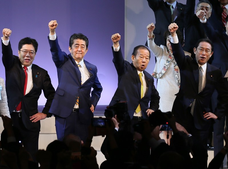 自民党大会で拳を突き上げる安倍晋三総裁(左から2人目)ら=東京都港区で2019年2月10日午前、玉城達郎撮影
