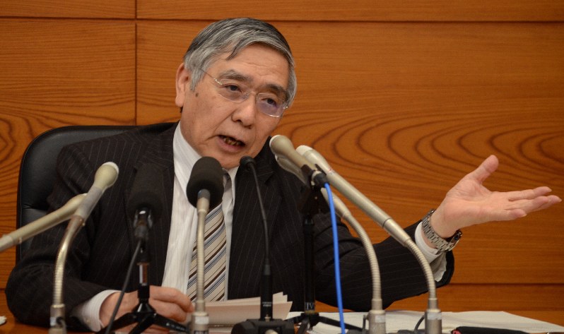 記者会見で質問に答える黒田東彦・日銀総裁=2019年1月23日、後藤豪撮影