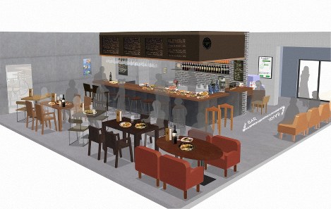 スペイン料理店を併設した店舗のイメージ。右奥が銀行のカウンター（山口フィナンシャルグループ提供）