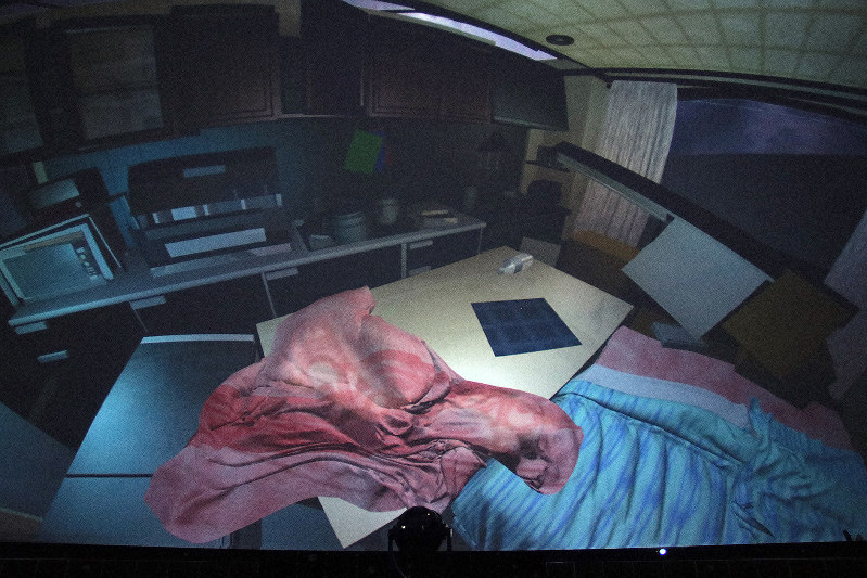 倒壊した阿部任さんの自宅をCGで再現した映像。番組内で映し出される=仙台市天文台提供