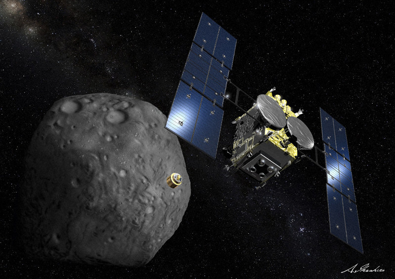 小惑星へ衝突装置を投下する探査機「はやぶさ2」の想像図=池下章裕さん提供