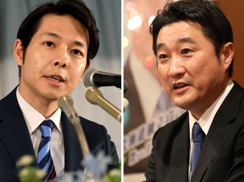 【左】出馬表明する鈴木直道氏=札幌市中央区で2月1日、竹内幹撮影【右】政策を発表する石川知裕氏=同区で11日、貝塚太一撮影