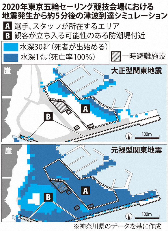 20年東京五輪セーリング競技会場における地震発生から約5分後の津波到達シミュレーション