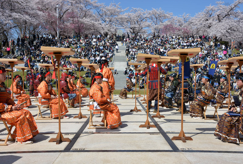 満開の桜の下で人間将棋 5万4000人が観戦 山形・天童 [写真特集2/3