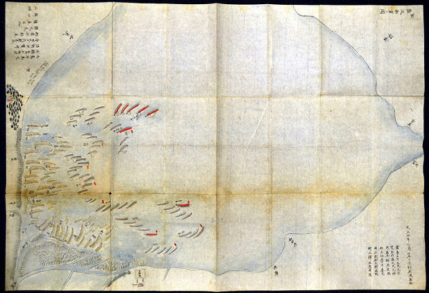 アイヌの絵　船と波 Rare painting depicting naval warfare with Murakami pirates