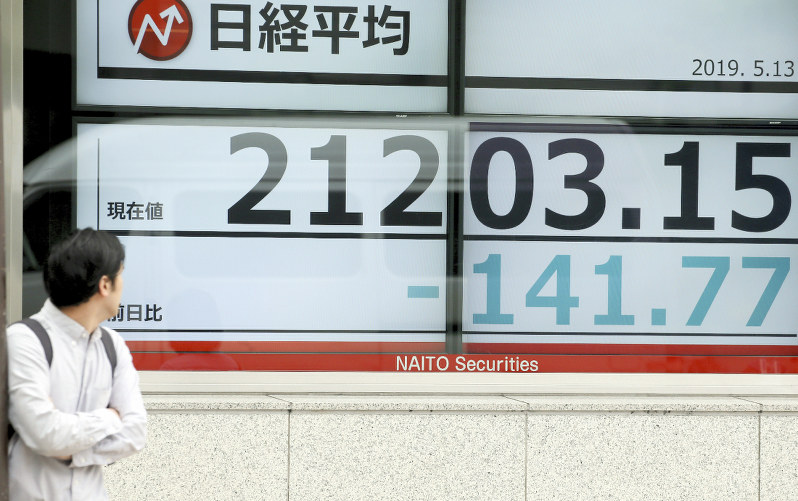 日経平均株価が前日比100円を超える安値を示す街頭のモニター=東京都中央区で2019年5月13日午前9時52分、吉田航太撮影