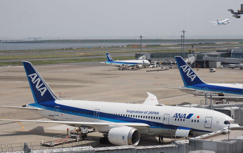 羽田空港に並んだ全日空機=2019年5月10日、米田堅持撮影