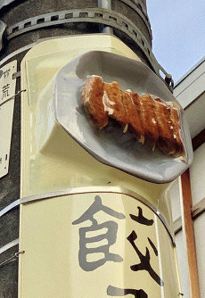 ギョーザの3D広告が取り付けられた電柱=宇都宮市馬場通り4で2019年4月23日、萩原桂菜撮影